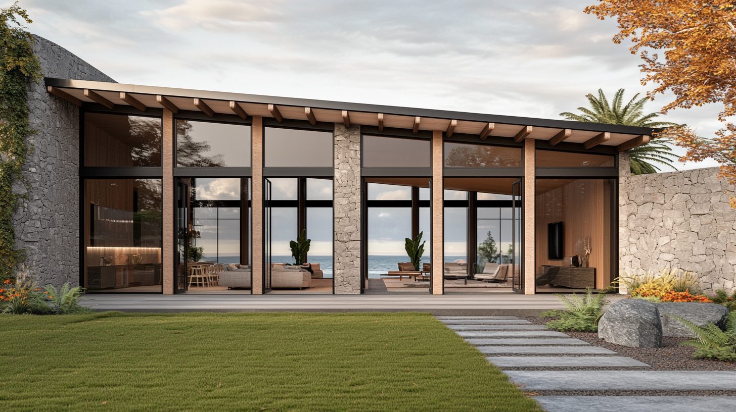 Design study of an entrance in timber, glass and stone