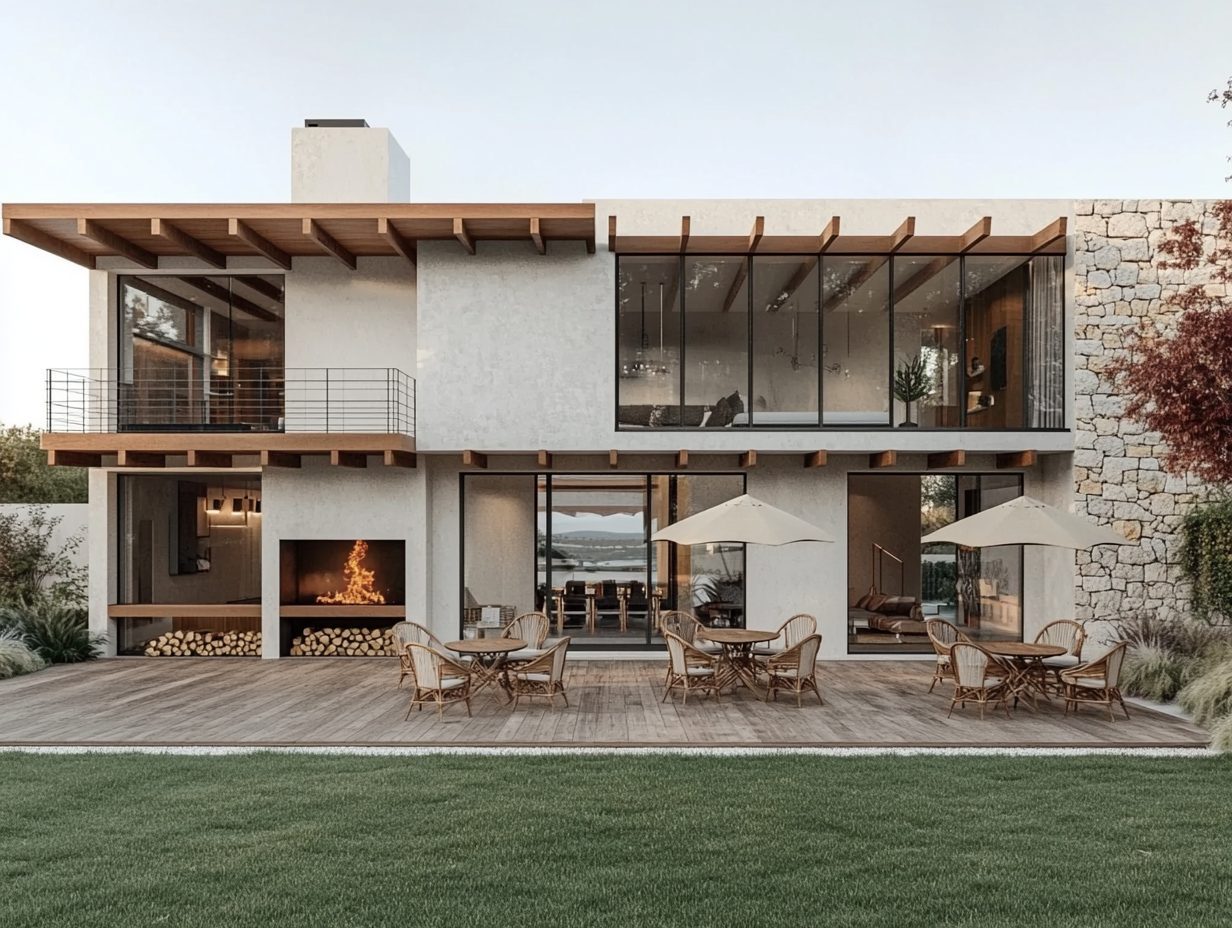 Design study of a guest house terrace with an outdoor fireplace